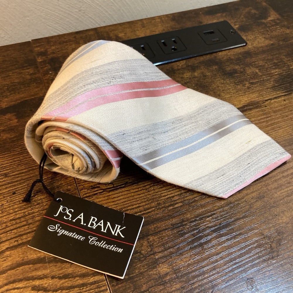 Jos A Bank Signature Collection Tie Cream Pink Gray Stripe Linen Silk Italy‎ NWT